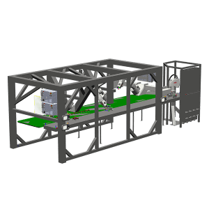 Simulation einer Verpackungslinie mit 4 ABB-Robotern von der Seite gesehen